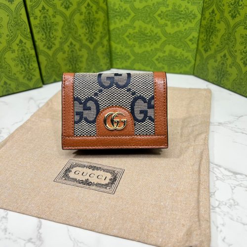 GG MONOGRAM CANVAS SHORT WALLET BROWN AND NAVY BLUE 11CM