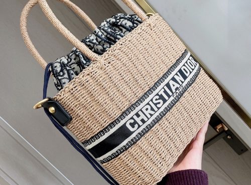 LADY DIOR BAG NATURAL WICKER AND BLUE DIOR OBLIQUE JACQUARD