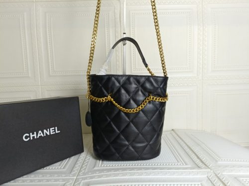 Enamel Quilted Pending CC Mini Bucket Bag Light Blue