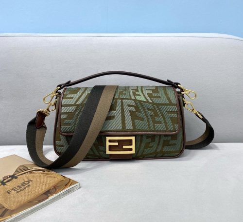Fendi Women Baguette Embroidered Green Canvas Bag