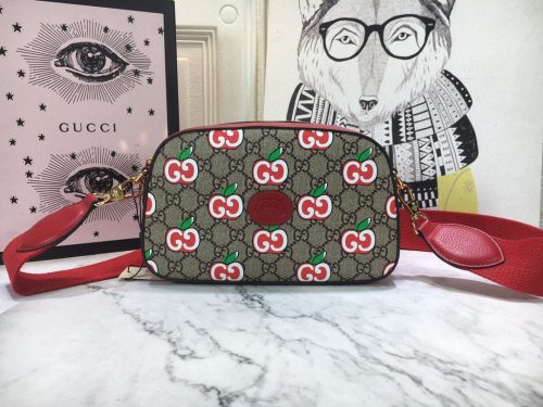 Gucci Women's Beige/Ebony GG  Canvas Red Apple Shoulder Bag 574886 8646