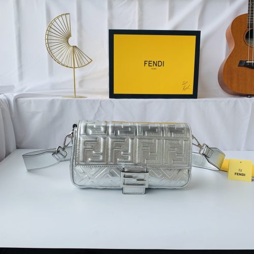Fendi Mini Baguette Bag In FF Motif Nappa Leather Silver