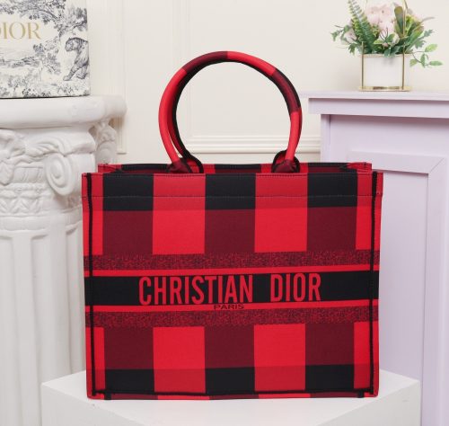 Dior Red Black Plaid Canvas Book Tote Bag
