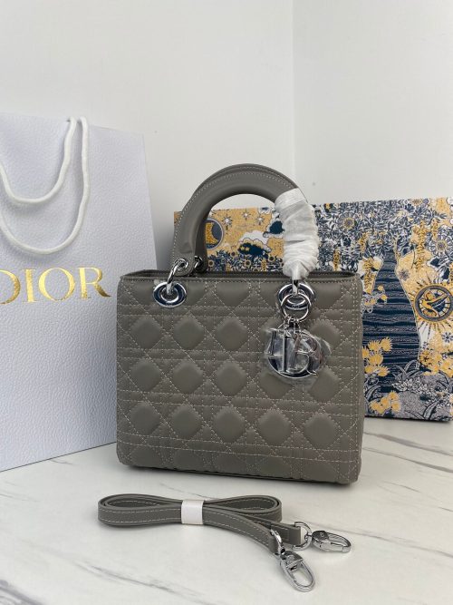 Medium Lady Opaline Gray Leather Bag