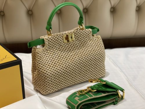 Fendi Women Peekaboo Iconic Mini Natural Raffia Bag Green Nappa