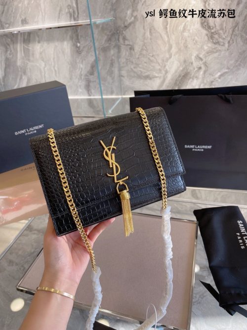 Saint Laurent Womens Small Kate Crocodile-Embossed Leather Shoulder Bag With Tassel