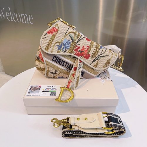 Dior Brown Hibiscus Embroidered Canvas Saddle Shoulder Bag Beige