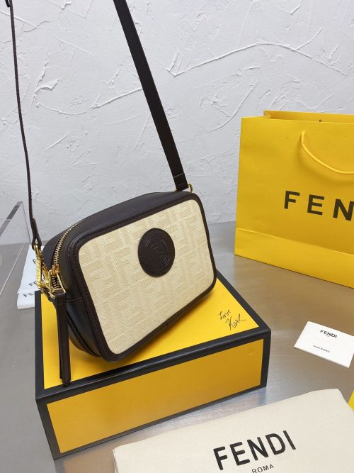 FENDI  Calfskin Zucca Spalmati Small Camera Bag Tobacco