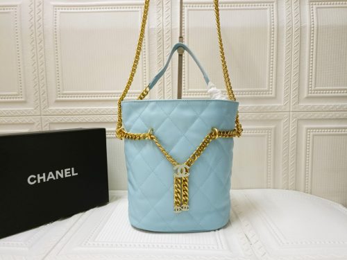 Enamel Quilted Pending CC Mini Bucket Bag Light Blue