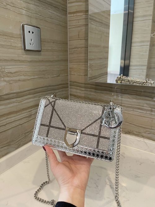 Silver Dior Patent Microcannage Diorama Crossbody Bag Silvery