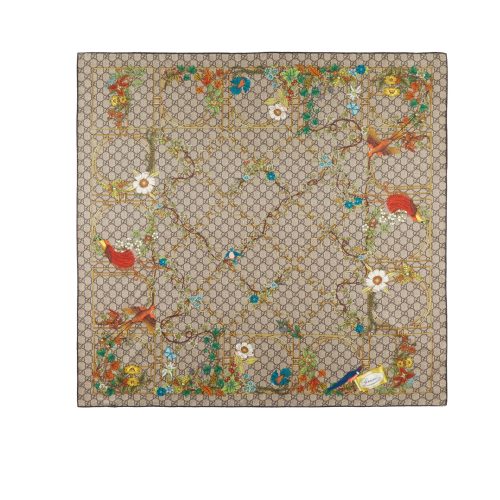 GUCCI ANIMAL AND FLORAL PRINT SILK CARRÉ BROWN 90CM 777066 3G001 9564