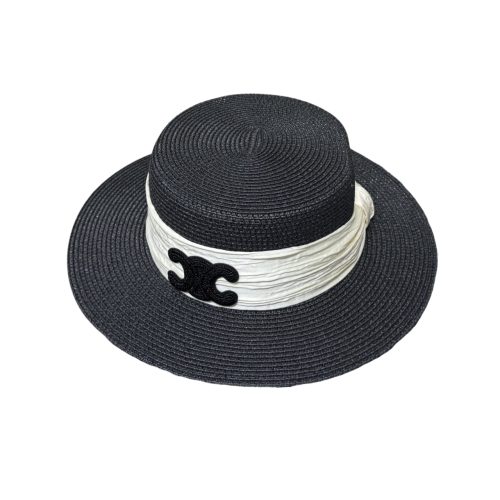 CELINE TRIOMPHE RAFFIA BOATER HAT WITH SILK IN BLACK