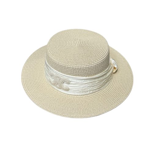 CELINE TRIOMPHE RAFFIA BOATER HAT WITH SILK IN BEIGE