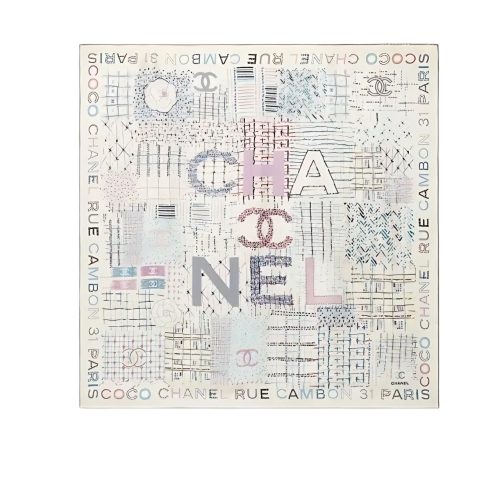 CHANEL SQUARE SCARF SILK TWILL MULTICOLOR IN WHITE 90CM