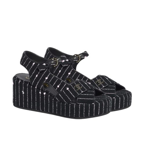 CHANEL COTTON TWEED CC PLATFORM SANDALS BLACK WHITE