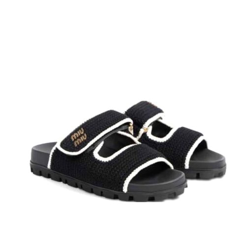 MIUMIU CROCHET KNIT SLIDES BLACK