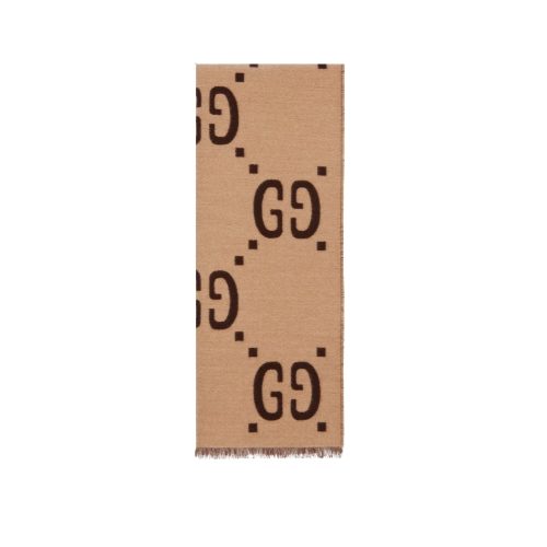 GUCCI GG JACQUARD WOOL SILK SCARF BROWN AND BEIGE 180CM 495592 4G350 2179