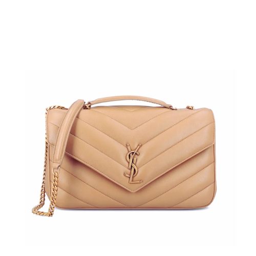 SAINT LAURENT MEDIUM LOULOU QUILTED SHOULDER BAG CAMEL BROWN 24CM